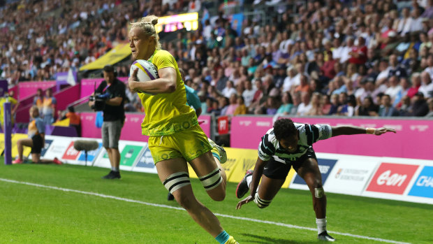 Maddison levi scores a try in the final against Fiji. 