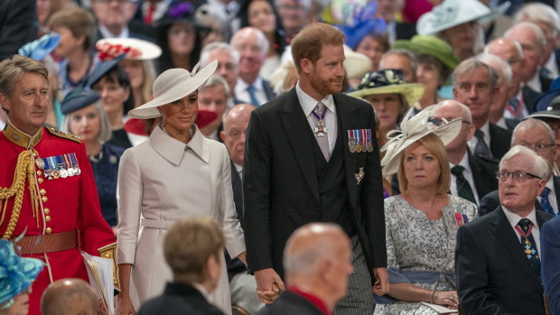 Prince Harry and Meghan attend the service of thanksgiving for the Queen in London on June 3.