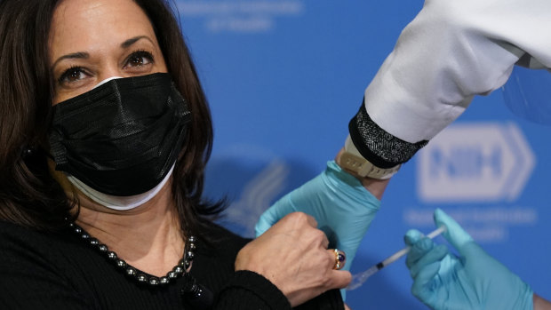 Vice-President Kamala Harris receives her second dose of the COVID-19 vaccine at the National Institutes of Health in Bethesda, Maryland. 