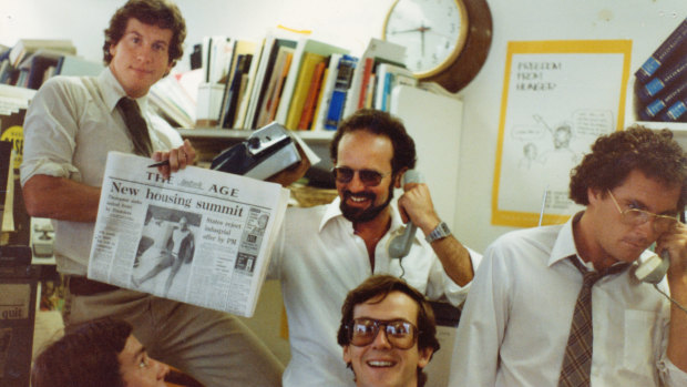 Simon Balderstone, back row left, with some of <i>The Age</i>'s Canberra bureau, including his great friend Michael Gordon, far right, in 1982. 