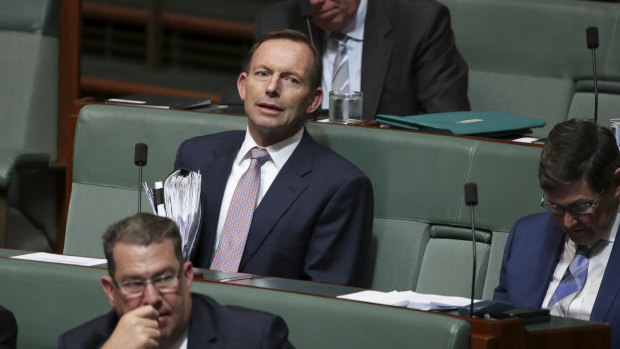 Tony Abbott watches on.