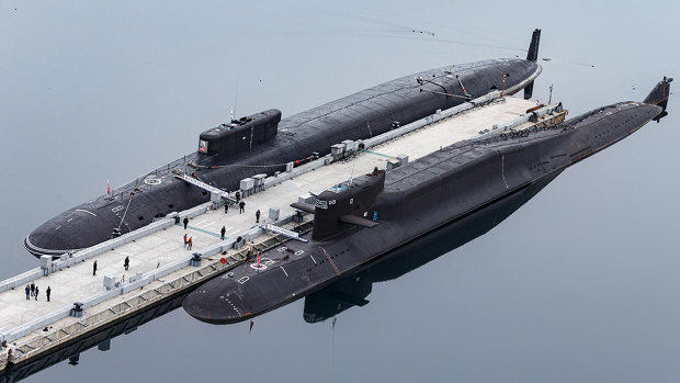 Russian nuclear submarines in Gazhiyevo, Kola Peninsula, Russia. Russian Defence Minister Sergei Shoigu described a massive military buildup as part of drills intended to check the armed forces’ readiness amid the threats posed by NATO.  