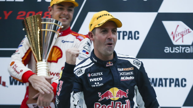He's back: Jamie Whincup of Red Bull Holden Racing team celebrates winning race 17 of the 2018 Supercars Championship round at the Townsville 400.