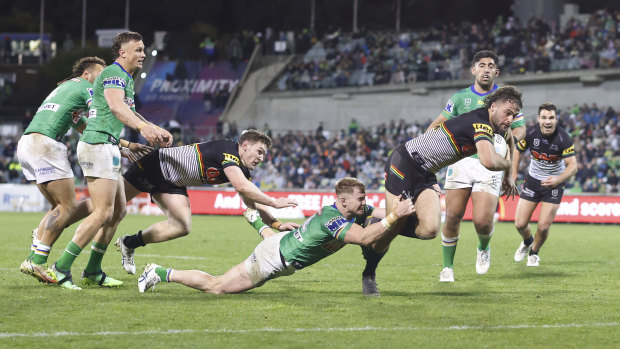 Jaeman Salmon scored the final try in Penrith’s win over Canberra.
