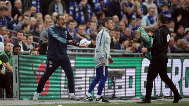 Fury: Chelsea boss Maurizio Sarri fumes after goalkeeper Kepa Arrizabalaga refused to be substituted.