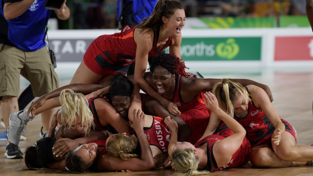 Stacks on: England celebrate first a first-ever Commonwealth Games netball gold medal on the Gold Coast.