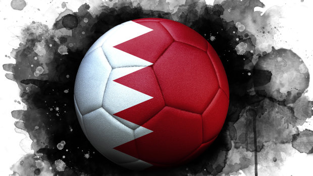 Artwork of the Bahrain flag as a soccer ball.