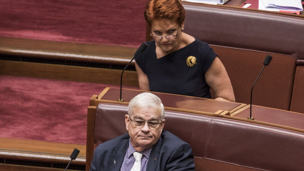 Senators Brian Burston and Pauline Hanson in the chamber together.