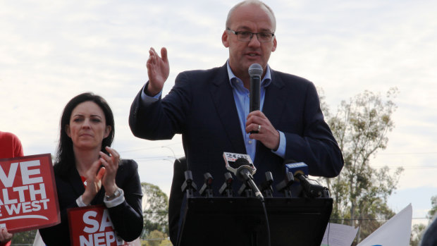 Emma Husar and Luke Foley at a rally at Nepean Hospital in August.