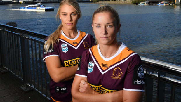 Making history: Brisbane Broncos players Kody House, left, and Meg Ward.