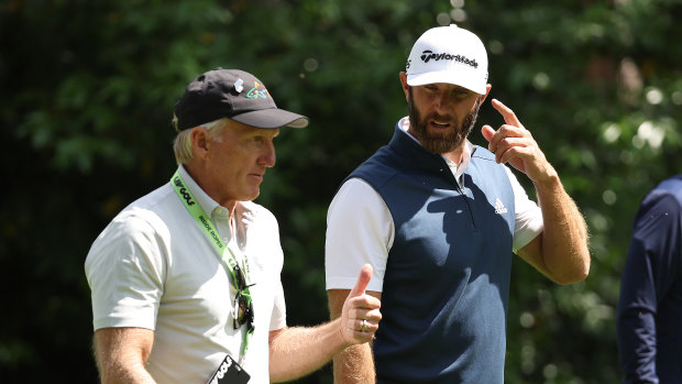 LIV Golf’s Greg Norman with players Dustin Johnson and Phil Mickelson at a tournament held in England this month.