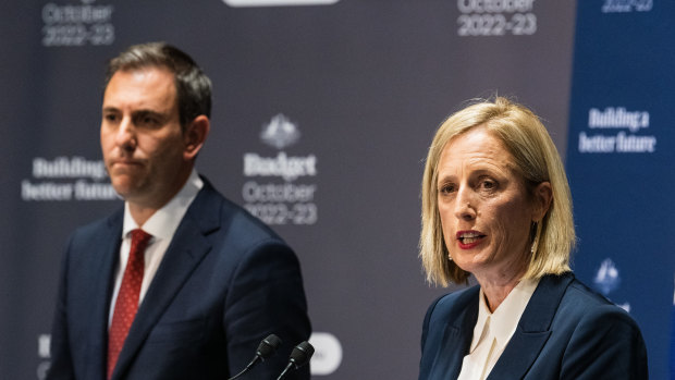 Finance Minister Katy Gallagher with Treasurer Jim Chalmers at the 2022-23 budget press conference. Strong revenues and lower spending means the budget deficit is .5 billion lower than expected.