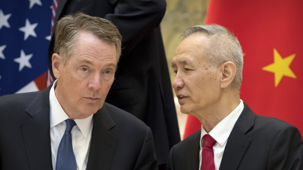Chinese Vice-Premier Liu He (riht) is expected to resume trade talks with the US later this week.  with US Trade Representative Robert Lighthizer during talks in February.