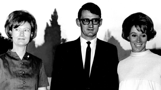 Family … Miss Joanna Gorton (left), daughter of the Prime Minister, with her brother and sister-in-law, Mr and Mrs Robin Gorton, of Melbourne, attended the opening.