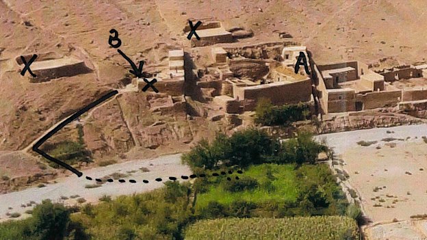 Exhibit in Ben Roberts-Smith defamation case, showing the village of Darwan. The “X” marked with “B” and an arrow is said to be the cliff from which a villager was allegedly kicked by Roberts-Smith. He denies the allegation.