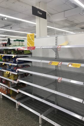 The flour section of Coles, Crows Nest, was empty on Sunday night (April 19), as baking supplies remained in high demand across the country. 
