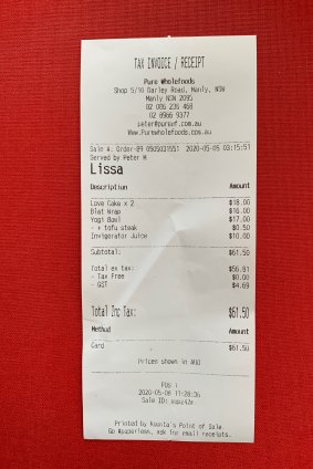 The bill from Pure Wholefoods Manly.