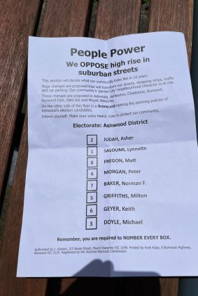 The People Power how-to vote cards being given to voters in Ashwood. 