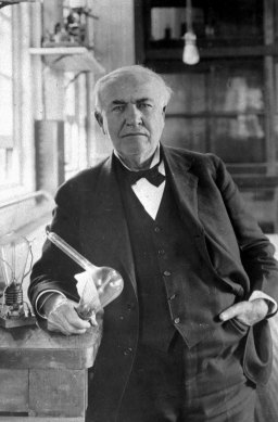 Thomas Alva Edison (1847-1931), who developed the first electric light bulb, in his laboratory in New Jersey in this undated photo. 