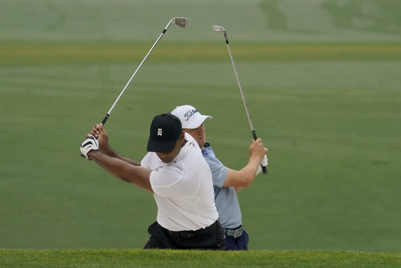 Tiger Woods and Justin Thomas on the 15th during a practice round this week.