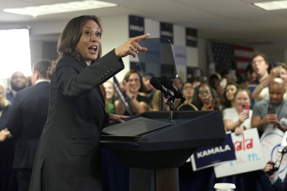 Vice President Kamala Harris speaks at her campaign headquarters in Wilmington, Delaware.