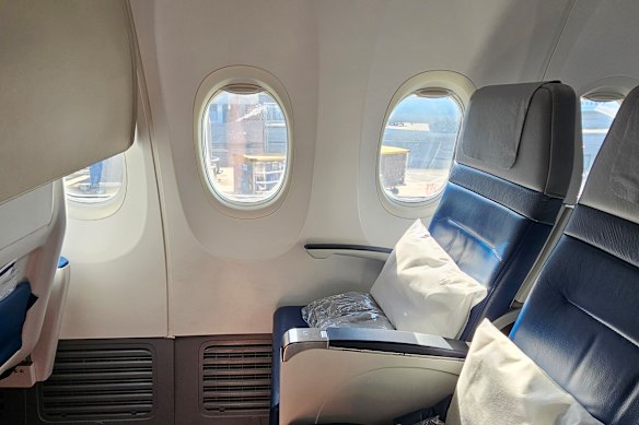 There’s excellent legroom in the front row of economy, but only 76 centimetres in a regular economy seat.