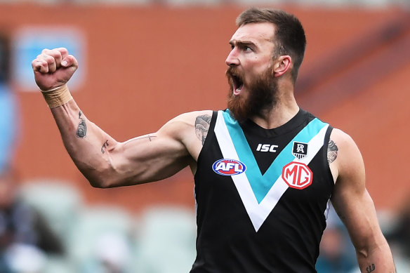 Charlie Dixon celebrates a goal against Richmond. 