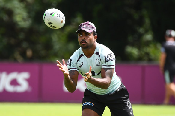 Ezra Mam at Broncos training session in Brisbane on Thursday.