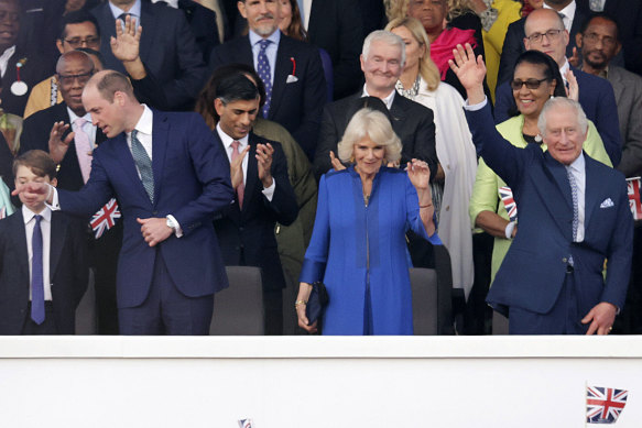 Prince George, Prince William,King Charles III and Queen Camilla arrive for the coronation concert at Windsor Castle.