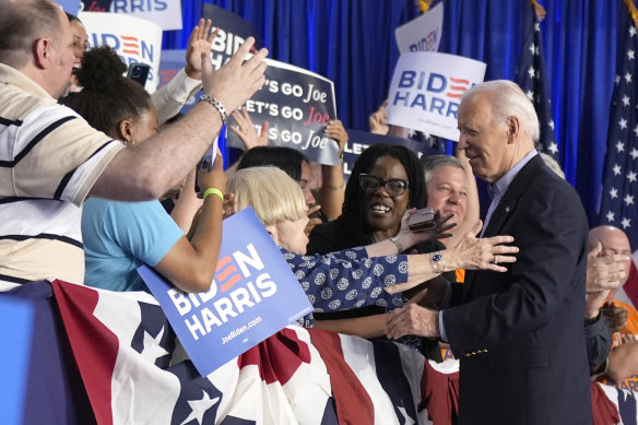 President Joe Biden greets supporters at a campaign rally in Madison, Wisconsin on Friday.
