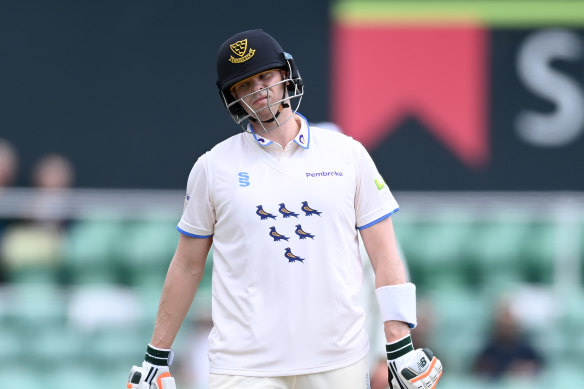 Steve Smith after being dismissed by Josh Tongue playing for Sussex against Worcester this month. 