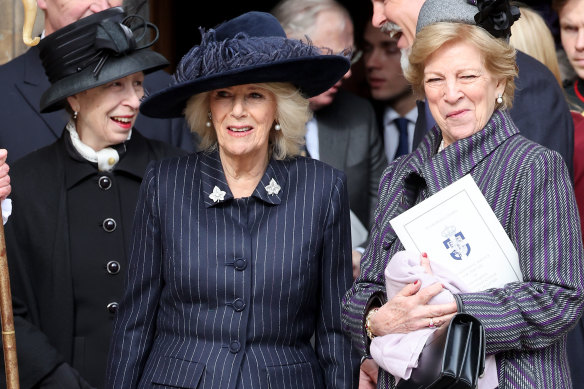 Anne, Princess Royal, Queen Camilla, Queen Anne-Marie of Greece and Crown Prince Pavlos of Greece leave the Thanksgiving service.