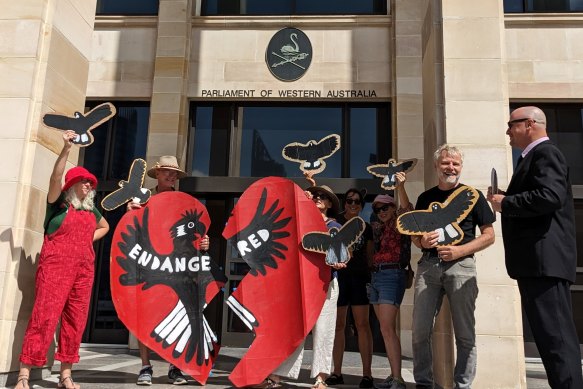 Paddy Cullen (second from right) takes part in a Valentine’s Day action calling on the Minister for Environment Reece Whitby to save an area of cockatoo habitat from a mining exploration proposal at Cocanarup, near Ravensthorpe, a proposal that has also been referred to the EPA. 