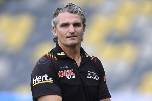 Panthers’ coach Ivan Cleary was spotted alongside the Blues brain trust ahead of kick-off. 