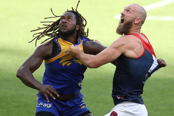 Naitanui and Melbourne's Max Gawn do battle in round one.