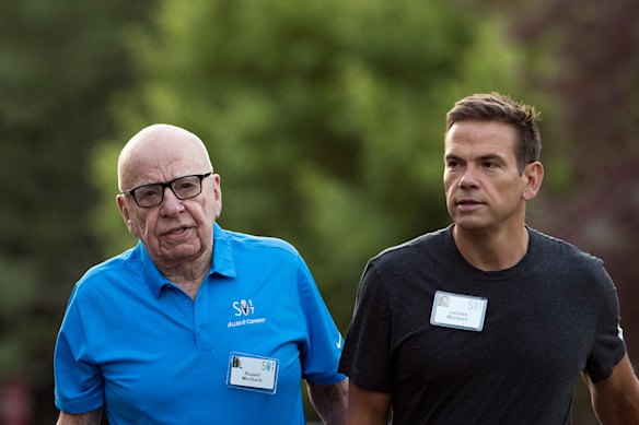 Rupert Murdoch, pictured with son Lachlan, says that at 94 years old, he won’t be intimidated by Trump.