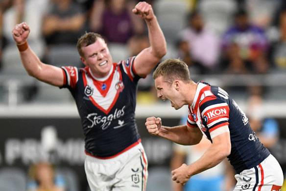 Sam Walker is jubilant after slotting the match-winning field goal against the Titans.