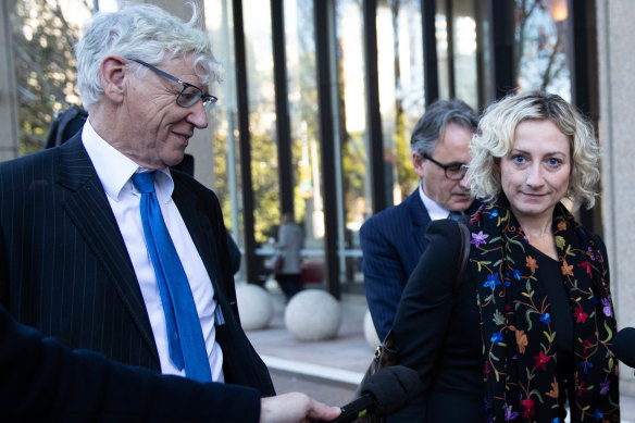 One of Roberts-Smith’s lawyers, and friend Monica Allen, with Seven’s commercial director, Bruce McWilliam, outside the Federal Court.