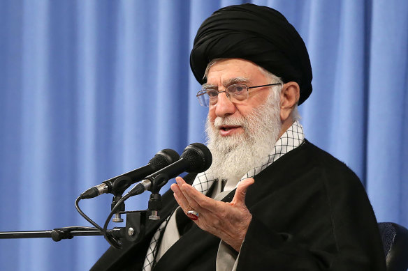 Supreme Leader Ayatollah Ali Khamenei, pictured at a meeting in Tehran, Iran, on Sunday, has blamed foreign forces for the low voter turnout.
