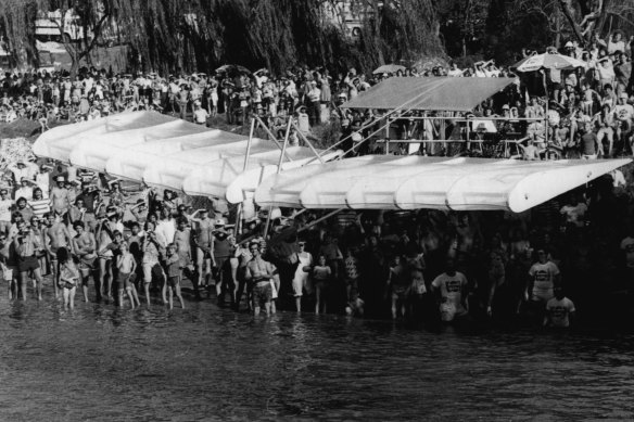 The winner of the Birdman Rally competition at Cattai was Robert White of Allambie Heights who flew 11 metres in his white monoplane before ditching in the water, March 5, 1978.