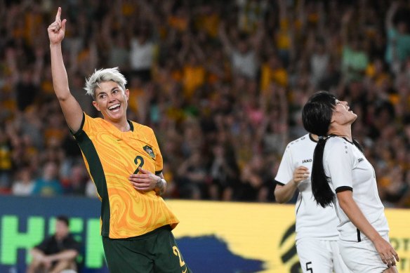 Four to the floor: Michelle Heyman celebrates a goal.