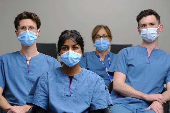 These are some of the GP workers who have seen the public’s anger and confusion over the vaccine rollout. From left to right, Ryan Mitchell, Sachini Hewa Radalage, Jenny Ktenidis and
Ash Dougan from the Altona North Respiratory Clinic.