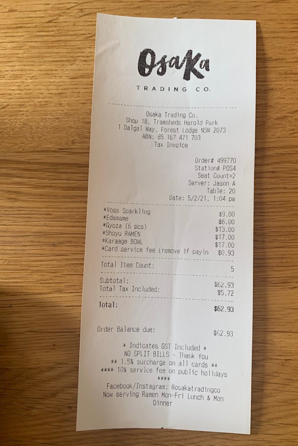 Receipt for lunch with Debra Oswald at Osaka Trading Co. 