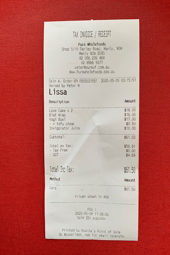 The bill from Pure Wholefoods Manly.