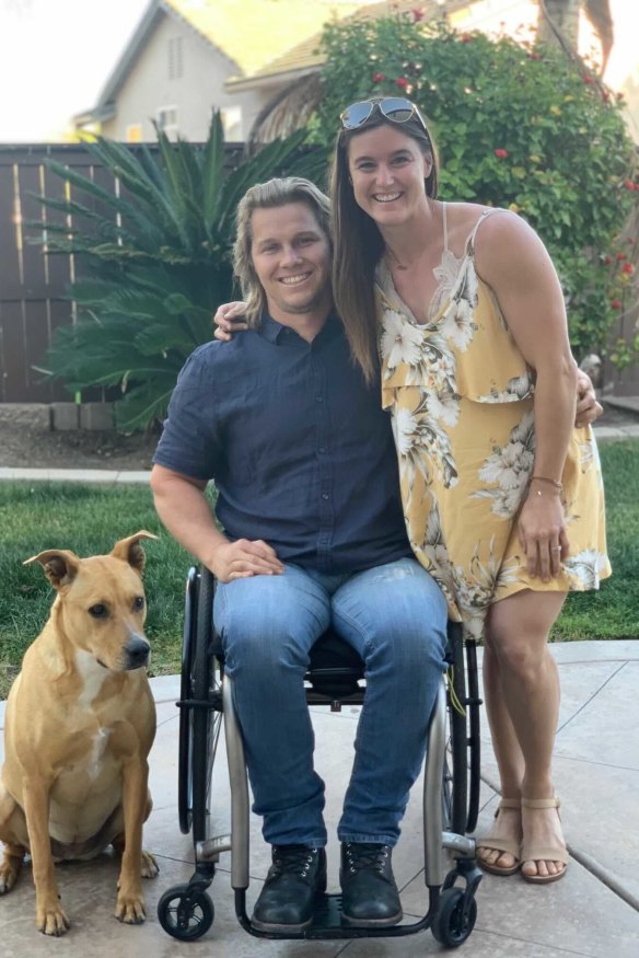 Sam and Alise Willoughby, and dog Mila, at home in California
