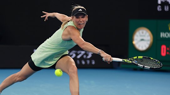 Denmark’s Caroline Wozniacki during her match against Magda Linette on Sunday. Linette, of Poland, retired due to injury.