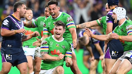 Upset: John Bateman crosses to give Canberra the lead with only minutes to play.