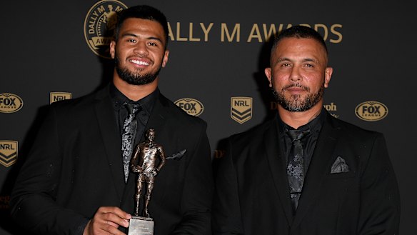 Gregor Haas (right) with son Payne at the 2019 Dally M awards.
