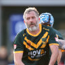 Adam Hills of Australia looks for a pass during the Physical Disability Rugby League World Cup match between England and Australia  at Victoria Park on October 23, 2022 in Warrington, England. (Photo by Ashley Allen/Getty Images for RLWC) WARRINGTON, ENGLAND - OCTOBER 23: Adam Hills of Australia looks for a pass during the Physical Disability Rugby League World Cup match between England and Australia at Victoria Park on October 23, 2022 in Warrington, England. (Photo by Ashley Allen/Getty Images for RLWC)