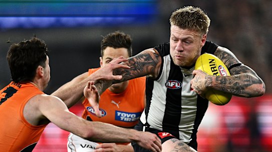 Raging bull: Jordan De Goey was instrumental in the Magpies’ win over the Giants, as he quickly builds a name for himself as Mr September.